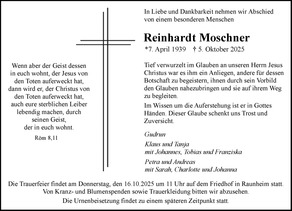  Traueranzeige für Reinhardt Moschner vom 11.10.2025 aus Rüsselsheimer Echo