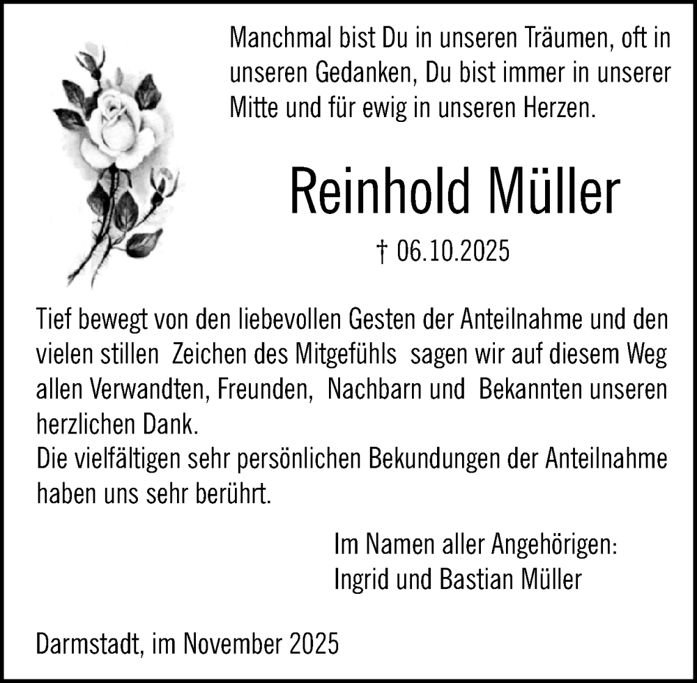  Traueranzeige für Reinhold Müller vom 01.11.2025 aus Darmstädter Echo