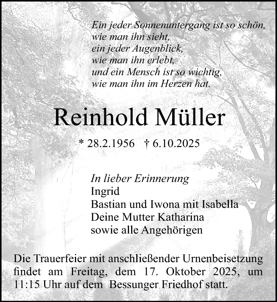  Traueranzeige für Reinhold Müller vom 11.10.2025 aus Darmstädter Echo