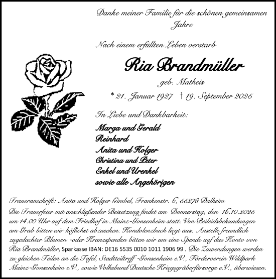 Traueranzeige von Ria Brandmüller von Allgemeine Zeitung Mainz