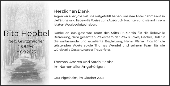 Traueranzeige von Rita Hebbel von Allgemeine Zeitung Rheinhessen-Nahe