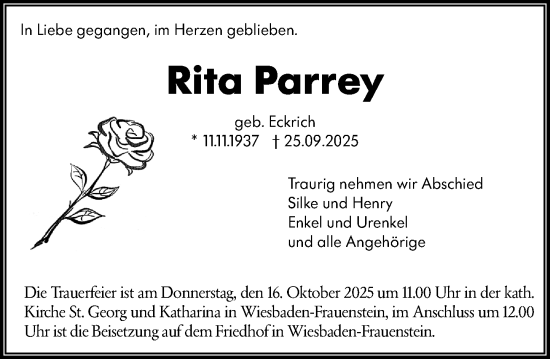 Traueranzeige von Rita Parrey von Wiesbadener Kurier