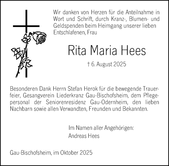 Traueranzeige von Rita Maria Hees von Allgemeine Zeitung Mainz