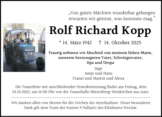 Traueranzeige von Rolf Richard Kopp von Wetzlarer Neue Zeitung