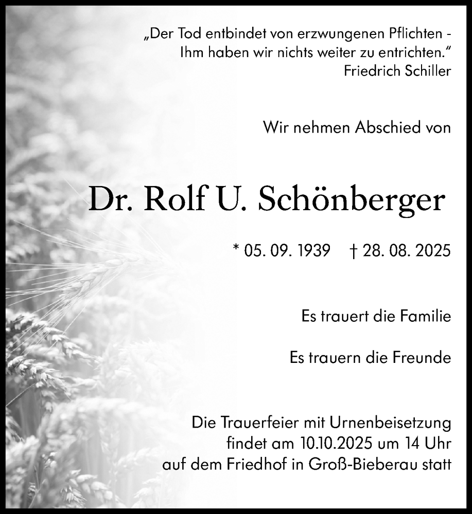  Traueranzeige für Rolf U. Schönberger vom 04.10.2025 aus Dieburger Anzeiger/Groß-Zimmerner Lokal-Anzeiger