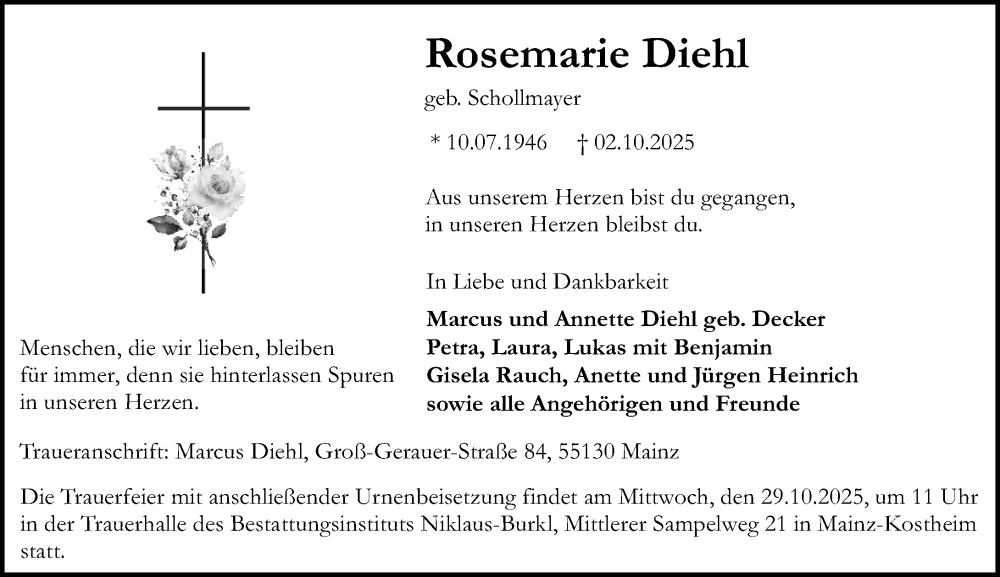  Traueranzeige für Rosemarie Diehl vom 25.10.2025 aus Allgemeine Zeitung Mainz