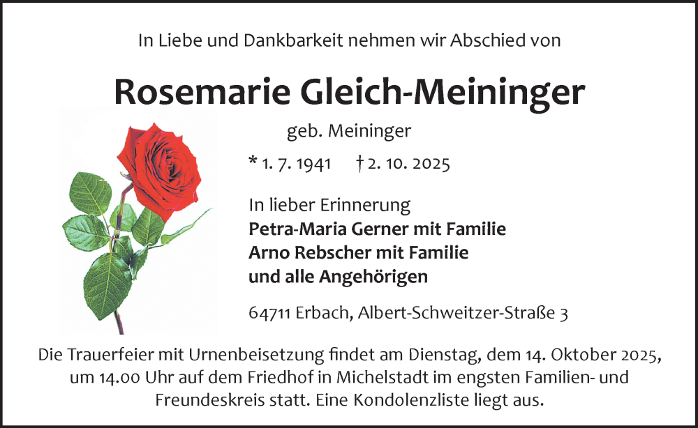  Traueranzeige für Rosemarie Gleich-Meininger vom 04.10.2025 aus Odenwälder Echo