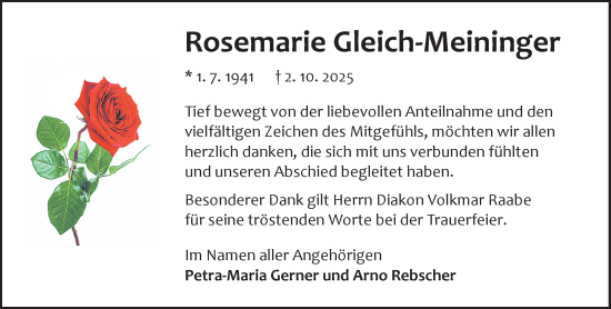 Traueranzeige von Rosemarie Gleich-Meininger von Odenwälder Echo