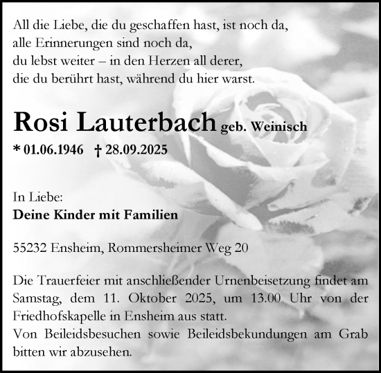 Traueranzeige von Rosi Lauterbach von Allgemeine Zeitung Alzey