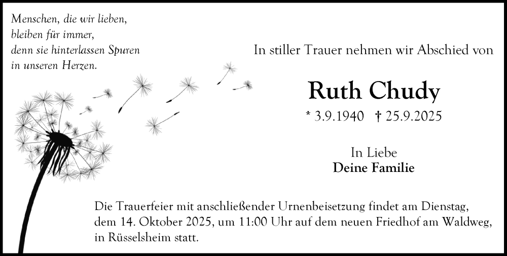  Traueranzeige für Ruth Chudy vom 04.10.2025 aus Rüsselsheimer Echo