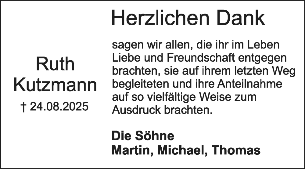  Traueranzeige für Ruth Kutzmann vom 04.10.2025 aus Starkenburger Echo