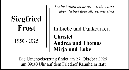 Traueranzeige von Siegfried Frost von Rüsselsheimer Echo