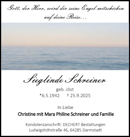 Traueranzeige von Siegliende Schreiner von Darmstädter Echo
