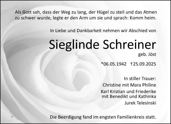 Traueranzeige von Sieglinde Schreiner von Darmstädter Echo