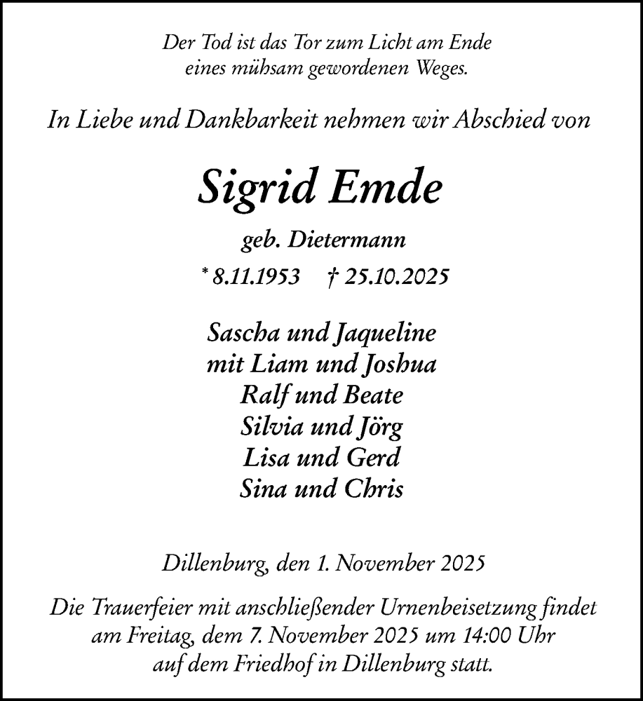  Traueranzeige für Sigrid Emde vom 01.11.2025 aus Dill Block