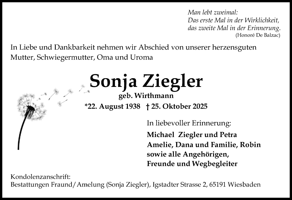  Traueranzeige für Sonja Ziegler vom 01.11.2025 aus Wiesbadener Kurier