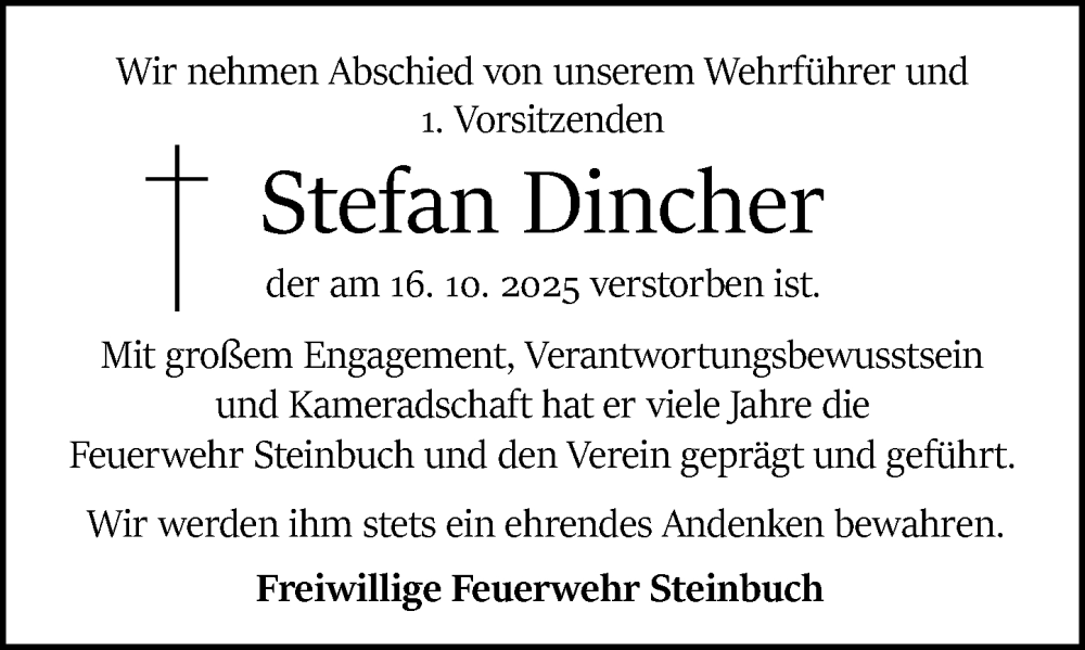  Traueranzeige für Stefan Dincher vom 25.10.2025 aus Odenwälder Echo