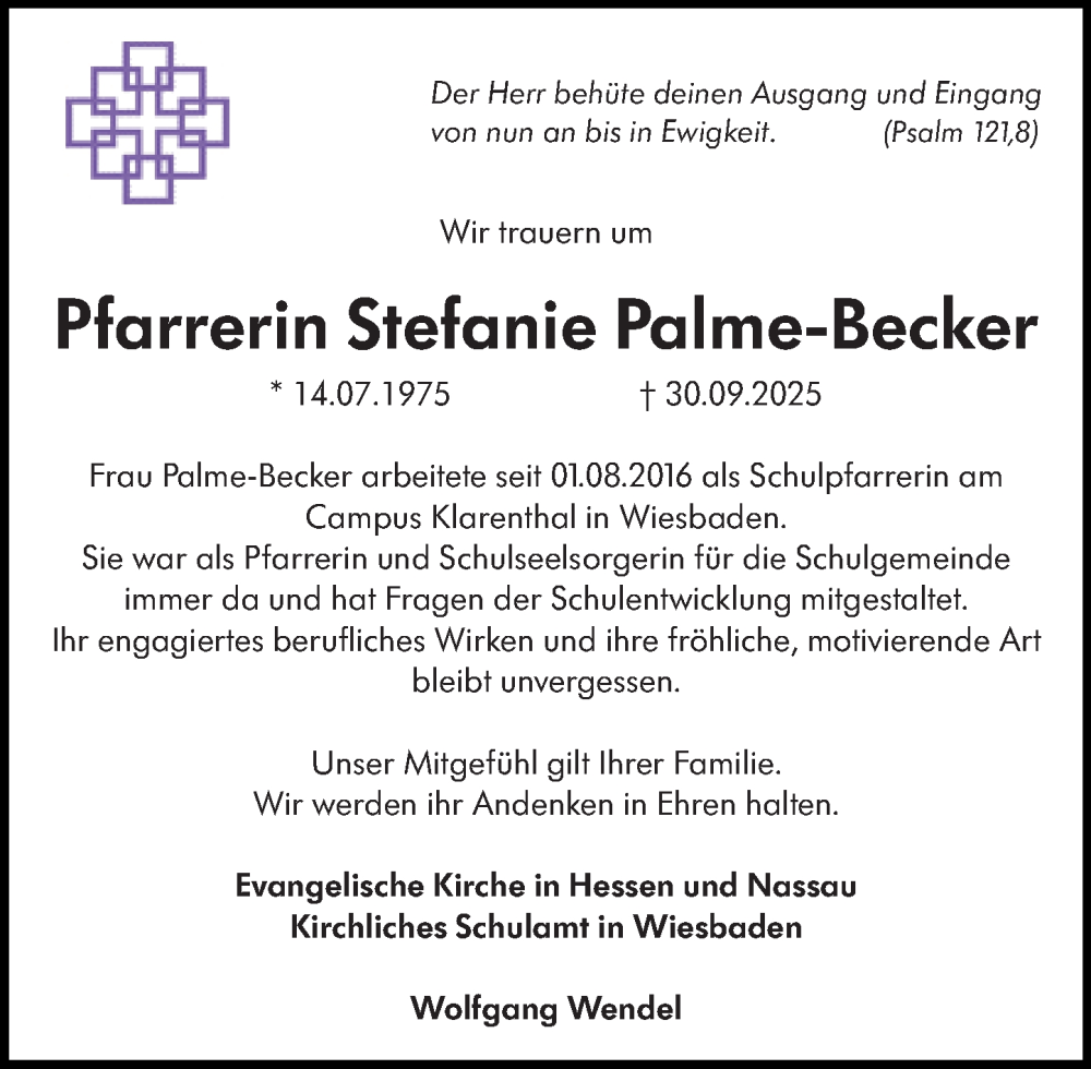  Traueranzeige für Stefanie Palme-Becker vom 04.10.2025 aus Wiesbadener Kurier