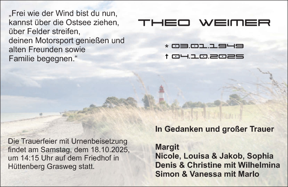  Traueranzeige für Theo Weimer vom 17.10.2025 aus Wetzlarer Neue Zeitung