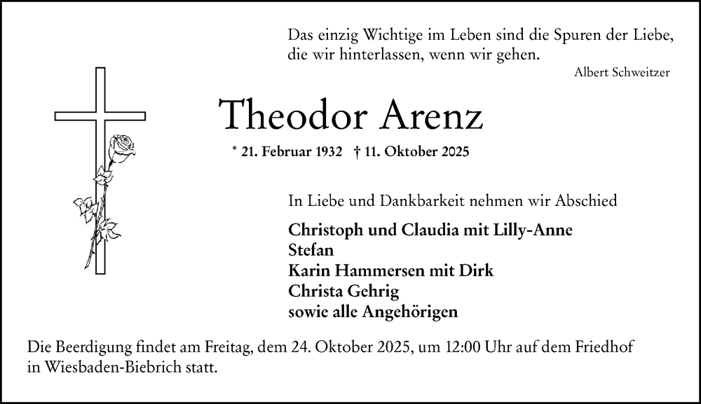 Traueranzeige für Theodor Arenz vom 18.10.2025 aus Wiesbadener Kurier