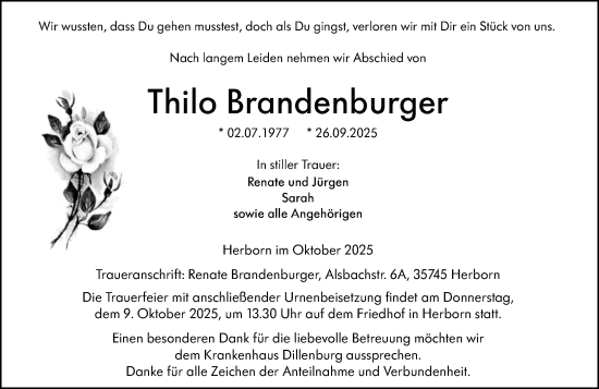 Traueranzeige von Thilo Brandenburger von Dill Block