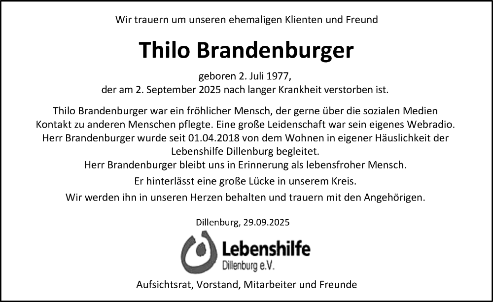  Traueranzeige für Thilo Brandenburger vom 07.10.2025 aus Dill Block