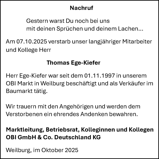 Traueranzeige von Thomas Ege-Kiefer von Weilburger Tageblatt