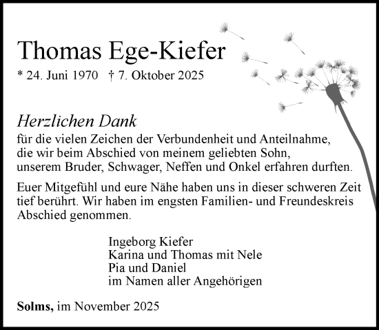 Traueranzeige von Thomas Ege-Kiefer von Wetzlarer Neue Zeitung