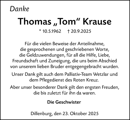 Traueranzeige von Thomas Krause von Dill Block