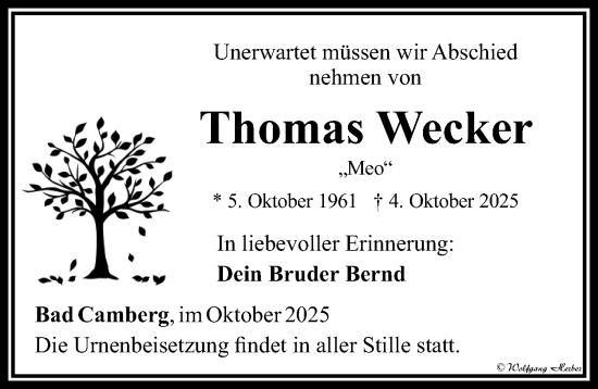 Traueranzeige von Thomas Wecker von Camberger Anzeiger