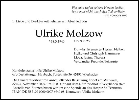 Traueranzeige von Ulrike Molzow von Wiesbadener Kurier