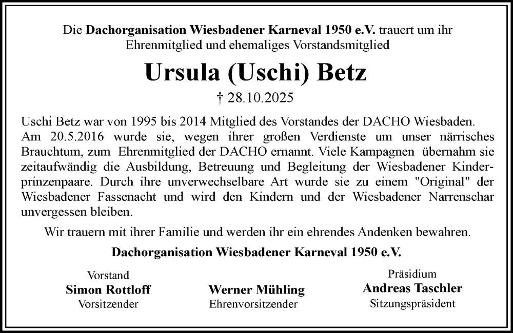  Traueranzeige für Ursula Betz vom 01.11.2025 aus Wiesbadener Kurier