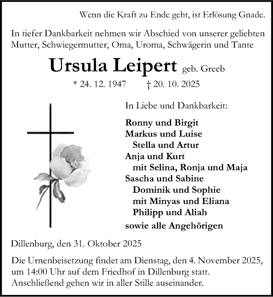  Traueranzeige für Ursula Leipert vom 31.10.2025 aus Dill Block