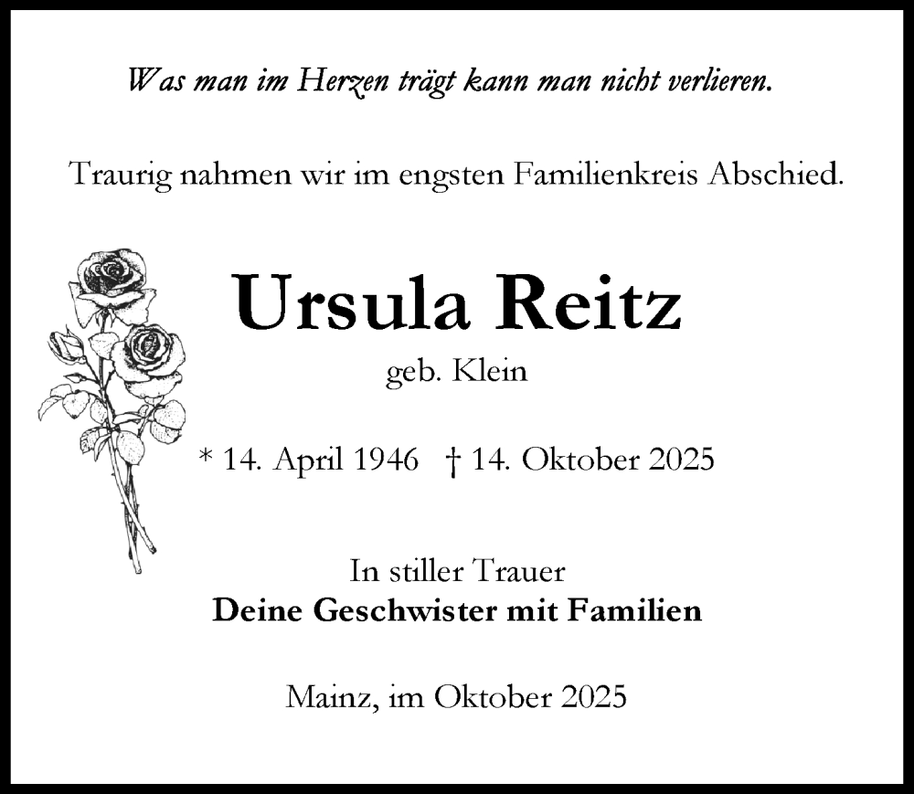  Traueranzeige für Ursula Reitz vom 31.10.2025 aus Allgemeine Zeitung Mainz