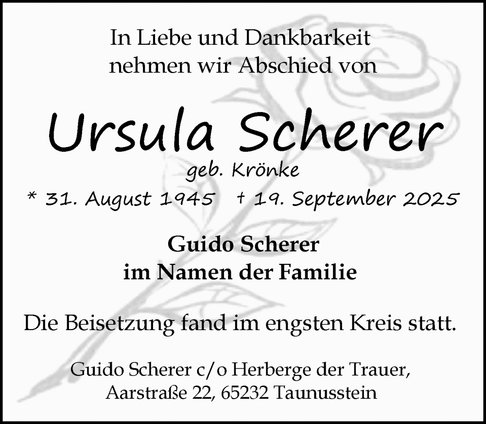  Traueranzeige für Ursula Scherer vom 04.10.2025 aus Wiesbadener Kurier