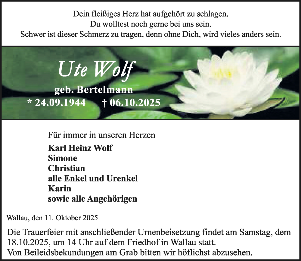  Traueranzeige für Ute Wolf vom 11.10.2025 aus Hinterländer Anzeiger
