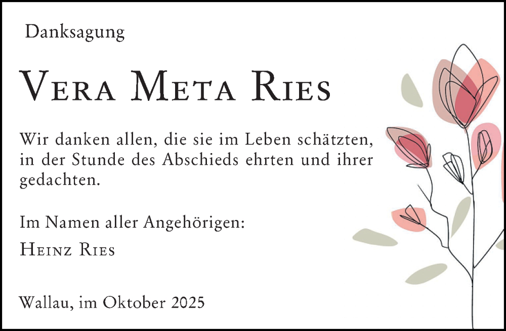  Traueranzeige für Vera Meta Ries vom 11.10.2025 aus Hinterländer Anzeiger