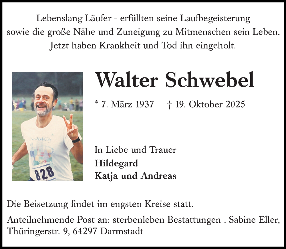  Traueranzeige für Walter Schwebel vom 25.10.2025 aus Darmstädter Echo