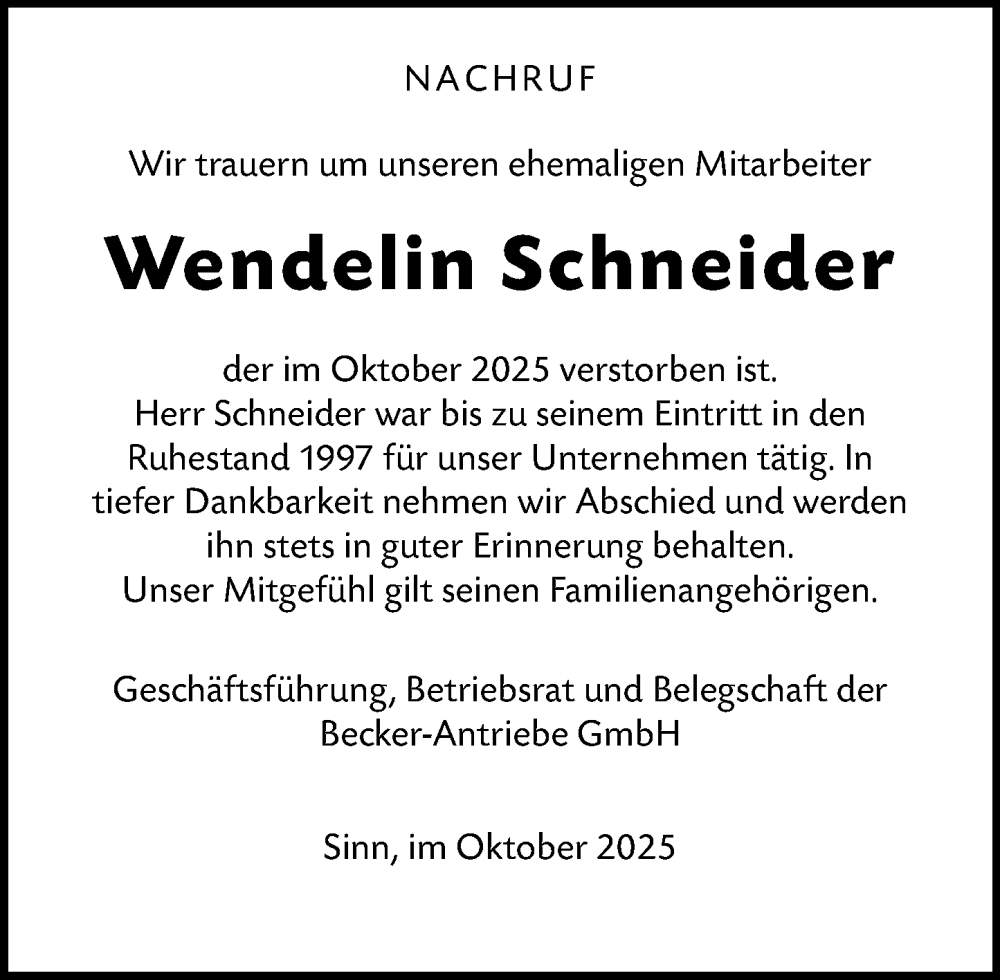  Traueranzeige für Wendelin Schneider vom 29.10.2025 aus Dill Block