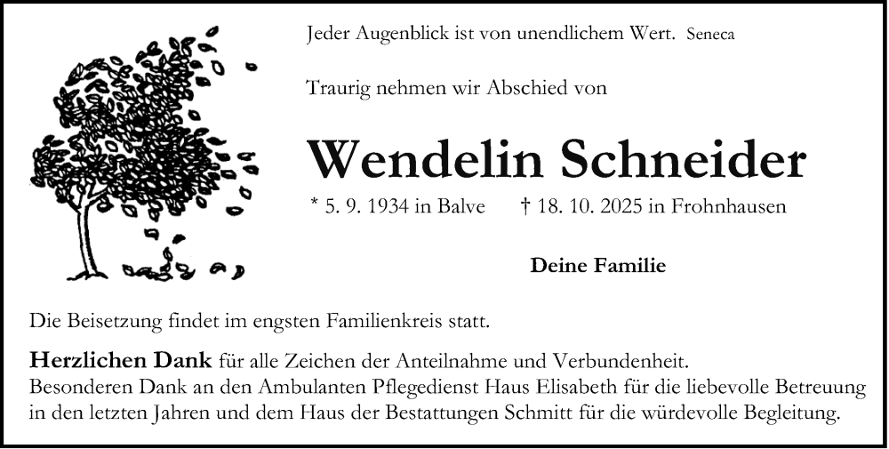  Traueranzeige für Wendelin Schneider vom 23.10.2025 aus Dill Block
