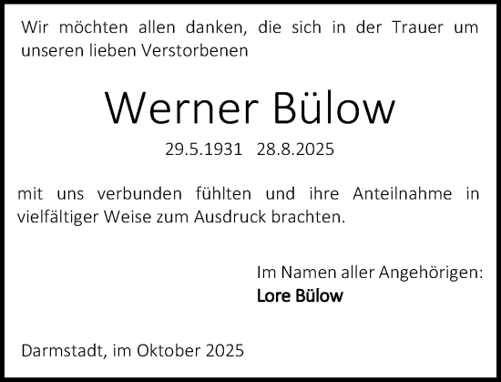 Traueranzeige von Werner Bülow von Darmstädter Echo