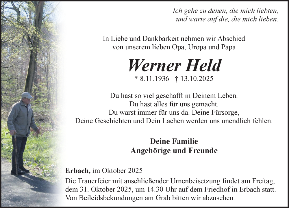 Traueranzeige für Werner Held vom 23.10.2025 aus Camberger Anzeiger