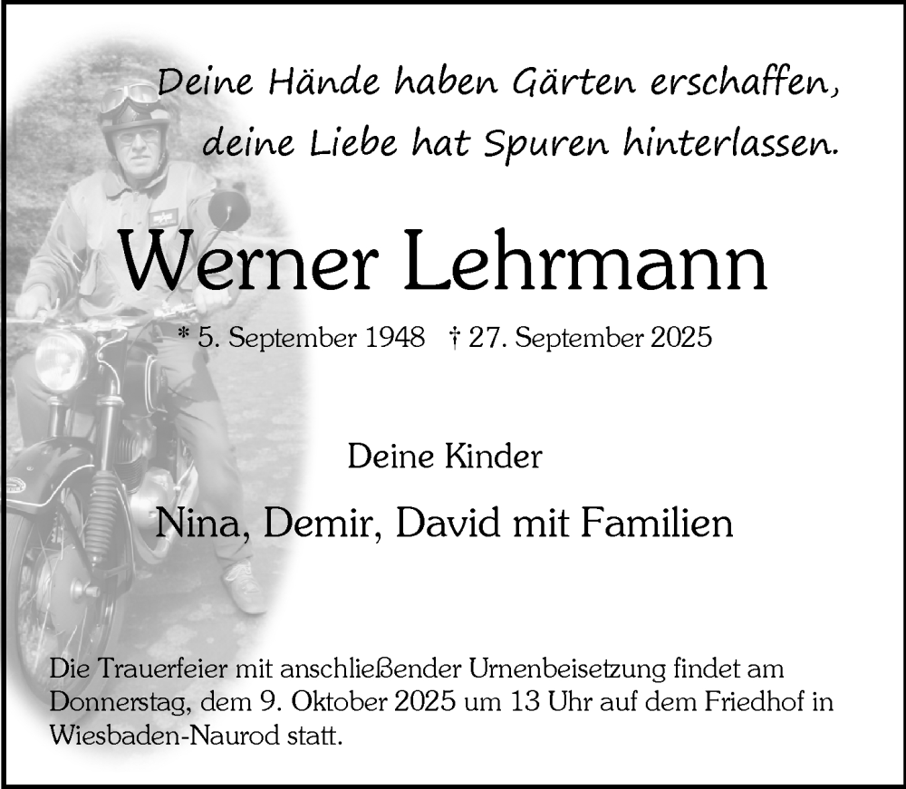  Traueranzeige für Werner Lehrmann vom 04.10.2025 aus Wiesbadener Kurier