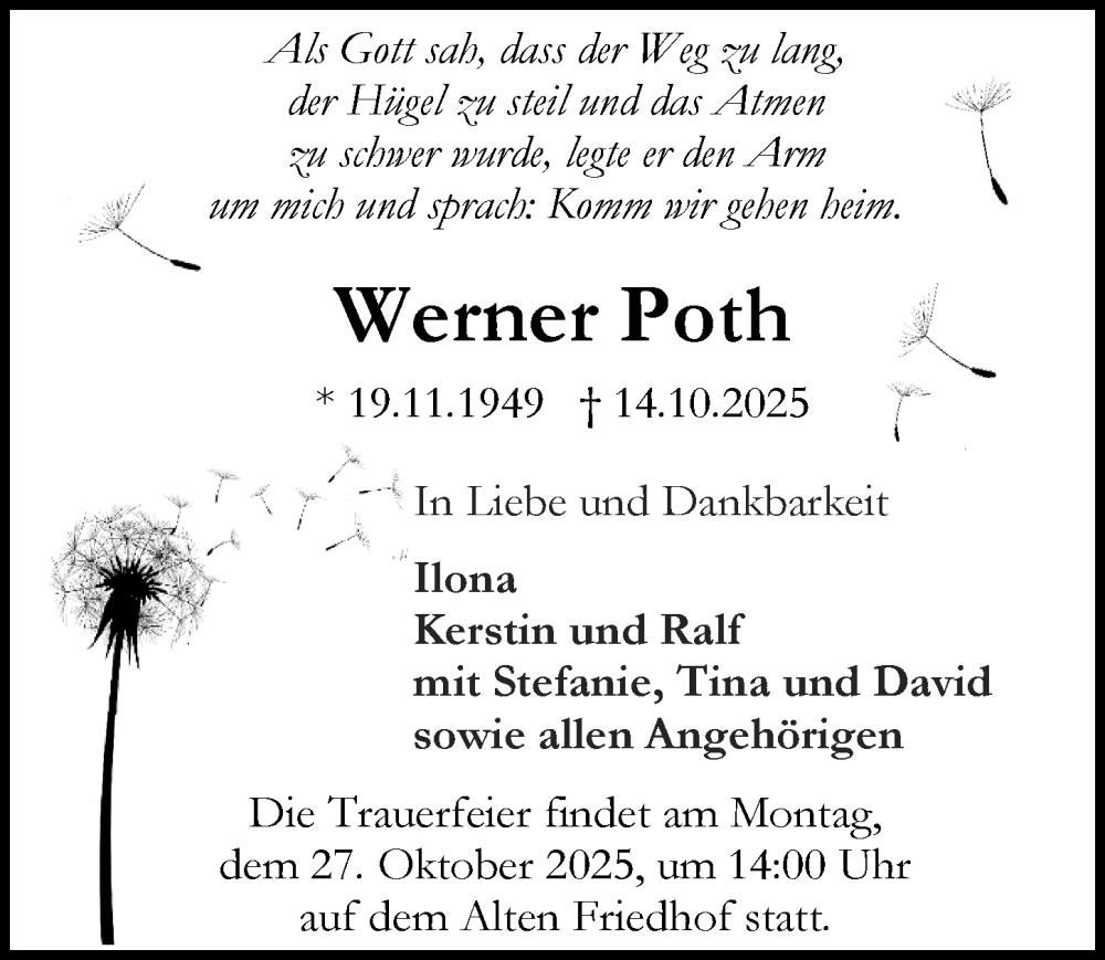  Traueranzeige für Werner Poth vom 18.10.2025 aus Darmstädter Echo