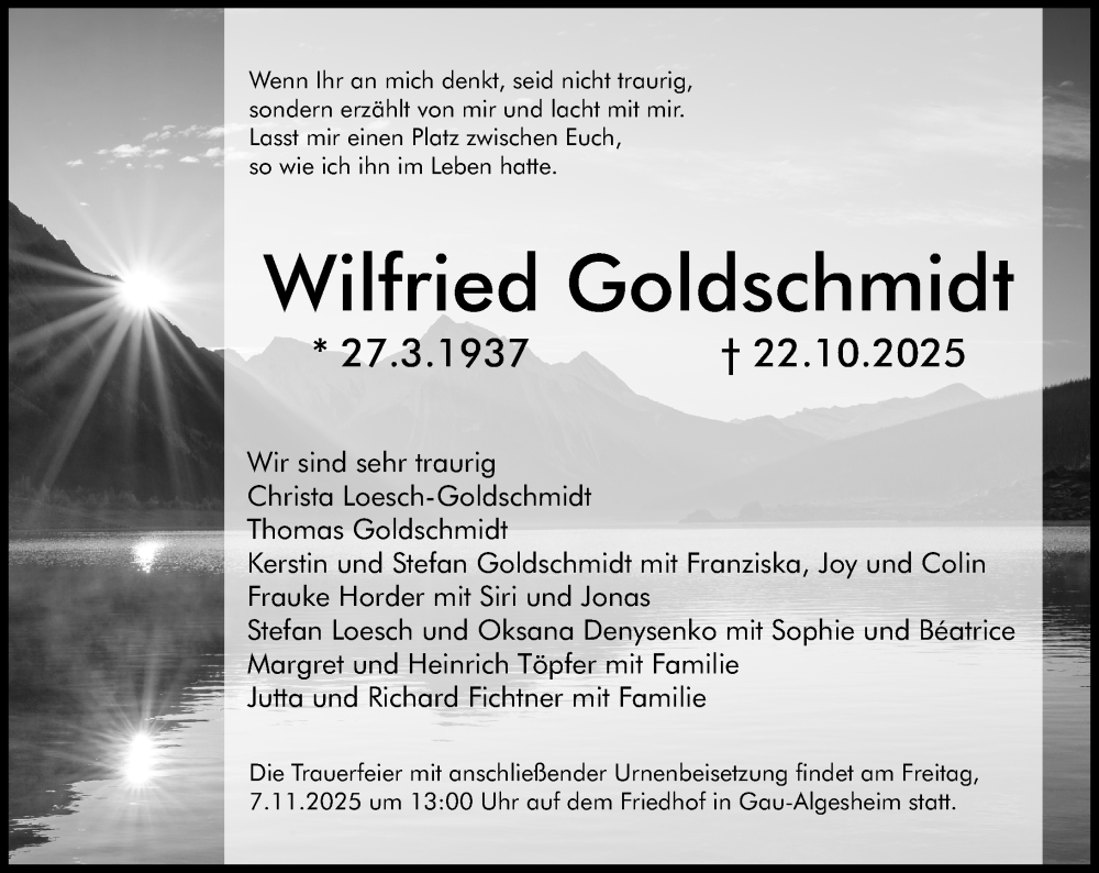  Traueranzeige für Wilfried Goldschmidt vom 31.10.2025 aus Allgemeine Zeitung Rheinhessen-Nahe