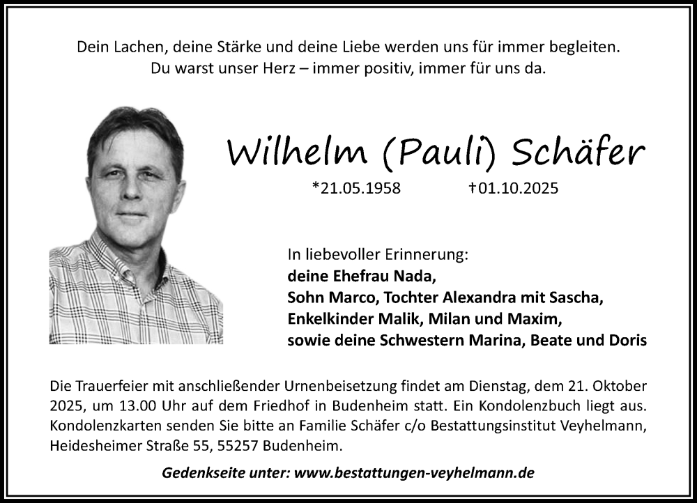  Traueranzeige für Wilhelm Schäfer vom 11.10.2025 aus Allgemeine Zeitung Mainz