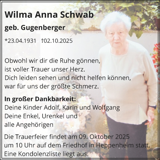 Traueranzeige von Wilma Anna Schwab von Starkenburger Echo