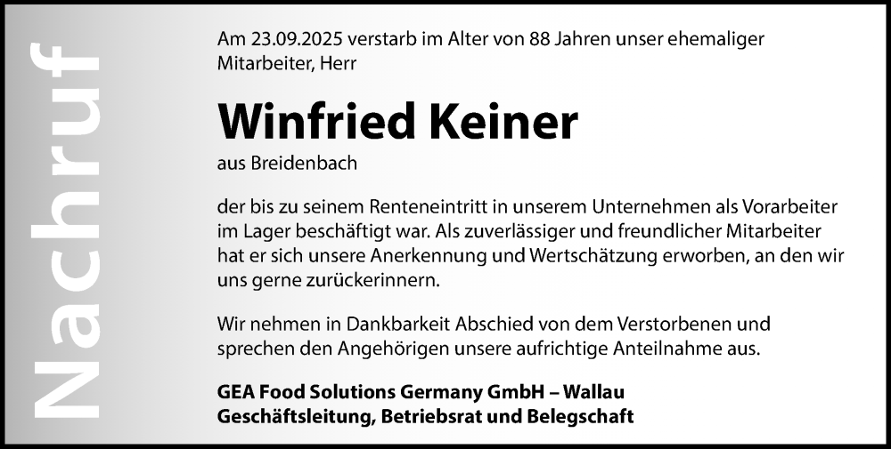  Traueranzeige für Winfried Keiner vom 04.10.2025 aus Hinterländer Anzeiger