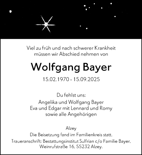 Traueranzeige von Wolfgang Bayer von Allgemeine Zeitung Alzey