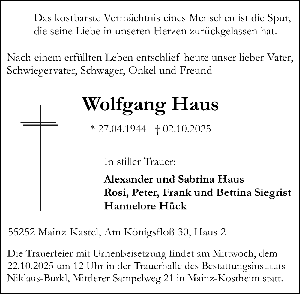  Traueranzeige für Wolfgang Haus vom 18.10.2025 aus Allgemeine Zeitung Mainz
